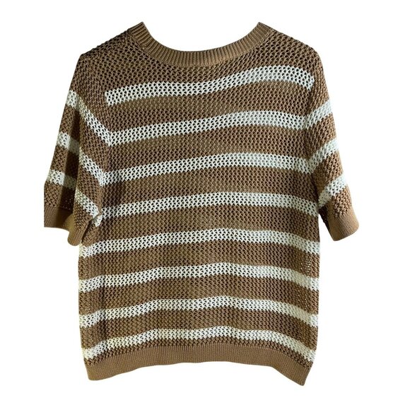 Brown Striped Knit Short Sleeve Sweater – Size L/XL – Relaxed Fit - Picture 2 of 3